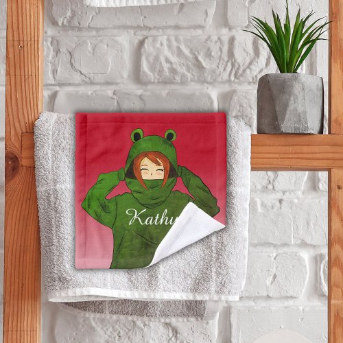 Girl with Green Frog Hoody Drawing Custom Name Wash Cloth