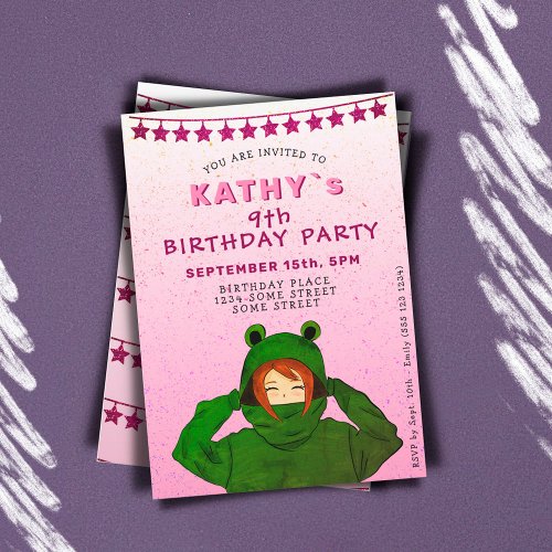 Girl with Green Frog Hoody Drawing Pink Birthday  Invitation