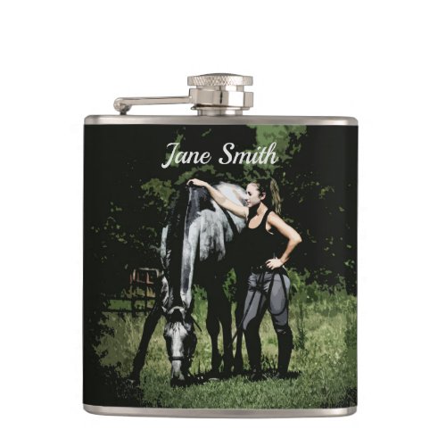 Girl With Grey Thoroughbred Horse Drink Flask
