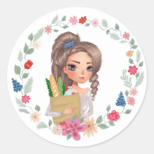 Girl with Groceries Classic Round Sticker