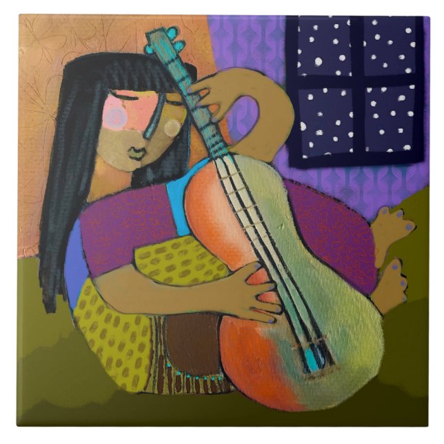 Girl with Guitar Ceram Tile/Trivet (6 inch square) Ceramic Tile (Front)