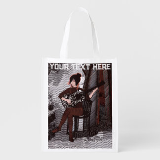 Girl with guitar grocery bag