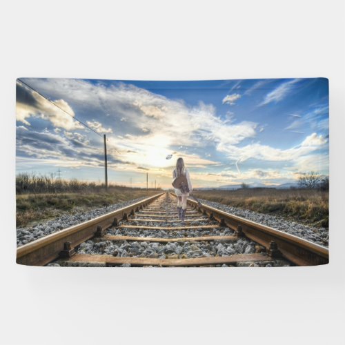 Girl With Guitar on Railroad Tracks Banner