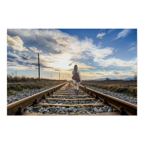 Girl With Guitar on Railroad Tracks Poster