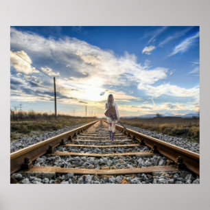 Girl With Guitar on Railroad Tracks Poster