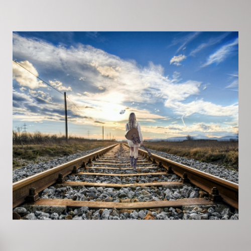 Girl With Guitar on Railroad Tracks Poster