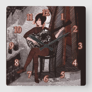 Girl with guitar square wall clock