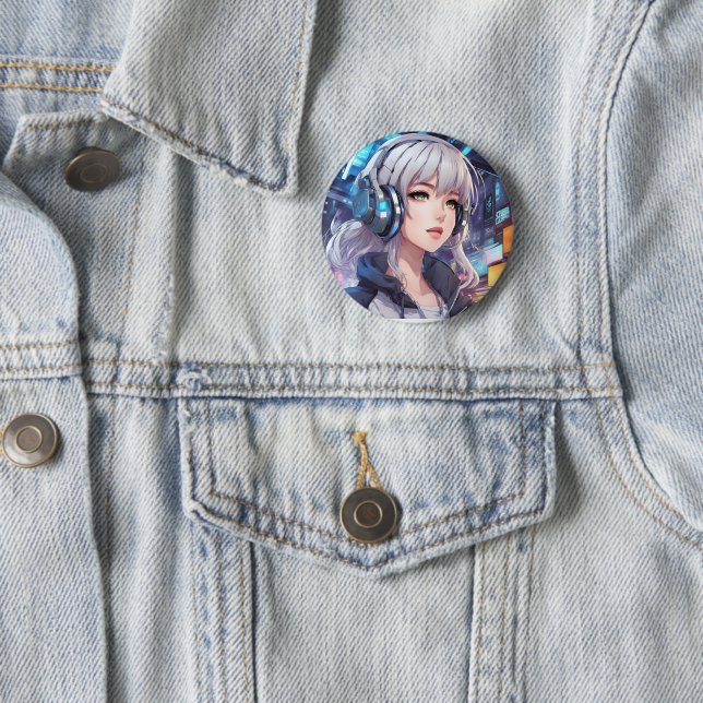 Girl with headphones button (In Situ)