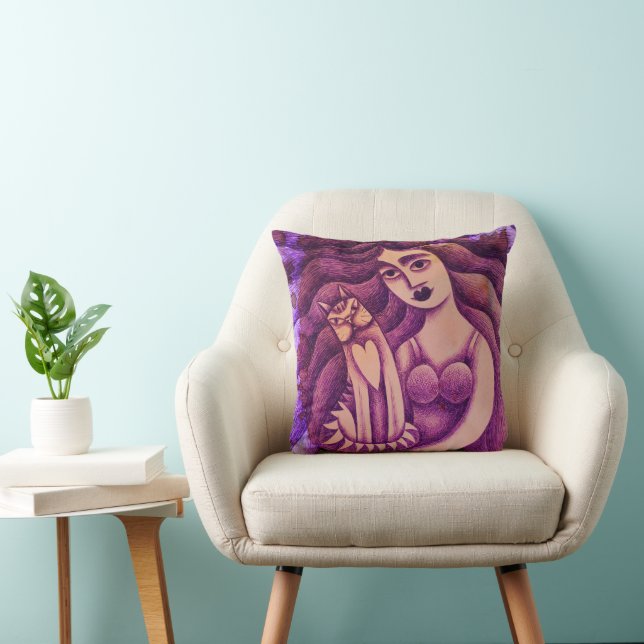 Girl with her cat throw pillow (Chair)