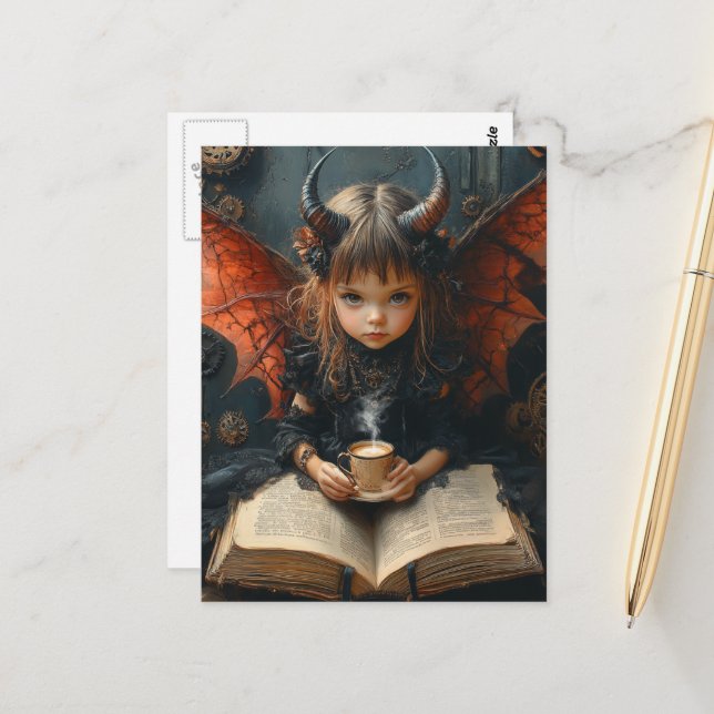 Girl With Horns and Wings Reads With Coffee Postcard (Front/Back In Situ)