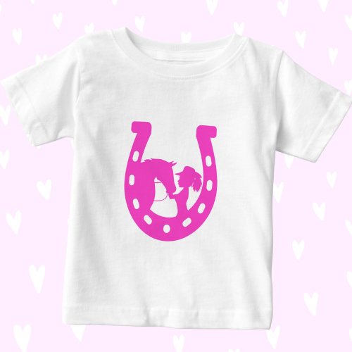 Girl with Horse and Western Hat Hot Pink Horseshoe Baby T_Shirt