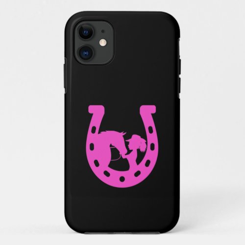 Girl with Horse and Western Hat Hot Pink Horseshoe iPhone 11 Case
