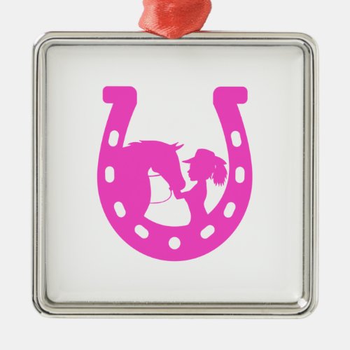 Girl with Horse and Western Hat Hot Pink Horseshoe Metal Ornament