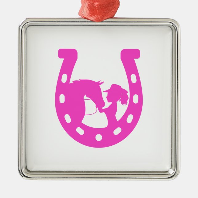 Girl with Horse and Western Hat Hot Pink Horseshoe Metal Ornament (Front)