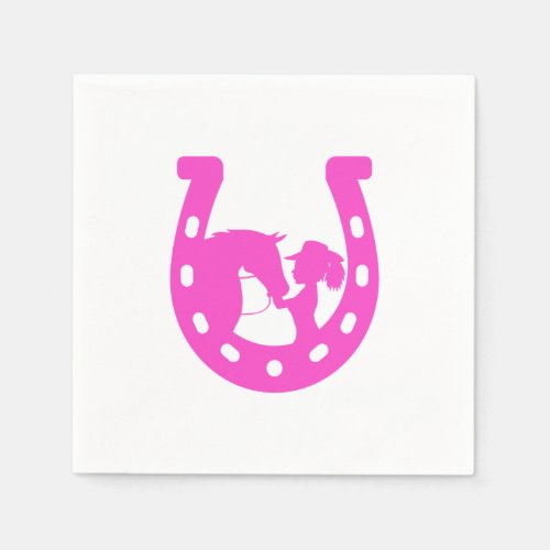 Girl with Horse and Western Hat Hot Pink Horseshoe Napkins
