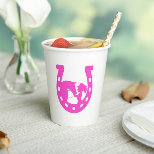 Girl with Horse and Western Hat Hot Pink Horseshoe Paper Cups