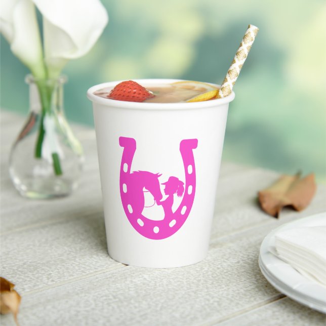 Girl with Horse and Western Hat Hot Pink Horseshoe Paper Cups (Insitu)