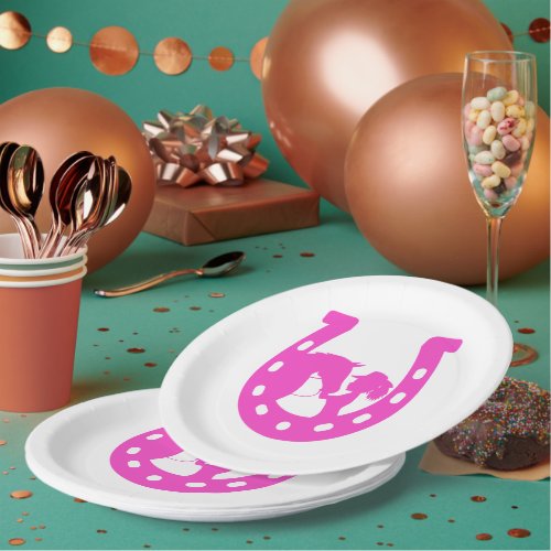 Girl with Horse and Western Hat Hot Pink Horseshoe Paper Plates