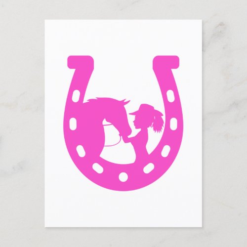 Girl with Horse and Western Hat Hot Pink Horseshoe Postcard