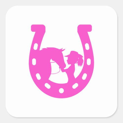 Girl with Horse and Western Hat Hot Pink Horseshoe Square Sticker