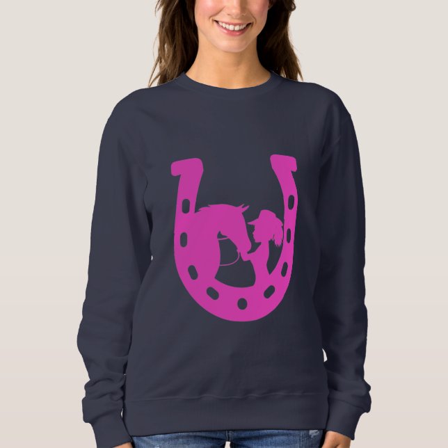 Girl with Horse and Western Hat Hot Pink Horseshoe Sweatshirt (Front)