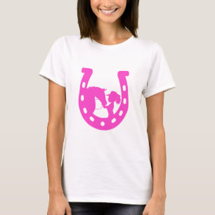 Girl with Horse and Western Hat Hot Pink Horseshoe T-Shirt