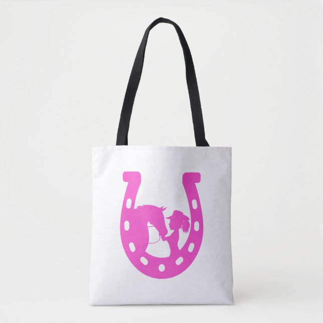 Girl with Horse and Western Hat Hot Pink Horseshoe Tote Bag (Front)