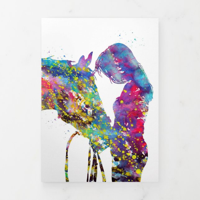 Girl With Horse Colorful Tri-Fold Holiday Card (Cover)