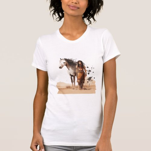Girl With Horse Walking On The Desert T_Shirt
