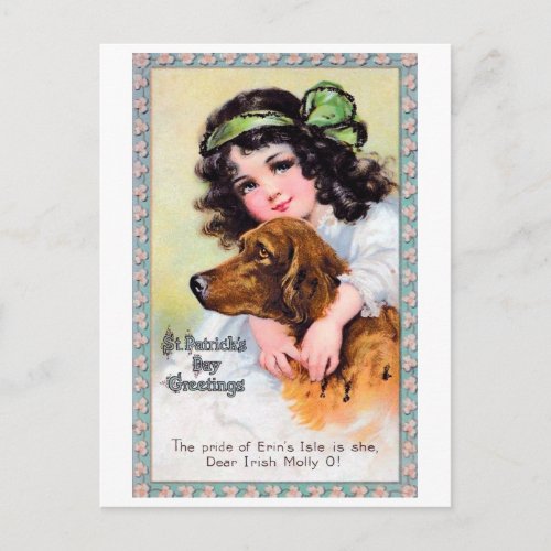 Girl with Irish Setter Dog Saint Patricks Day Postcard