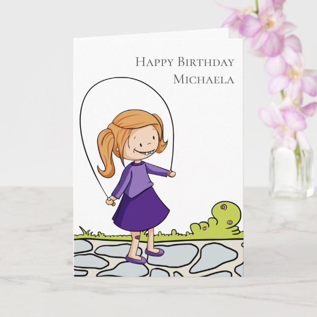 Girl with Jumping Rope Personalized Happy Birthday Card (Orchid)