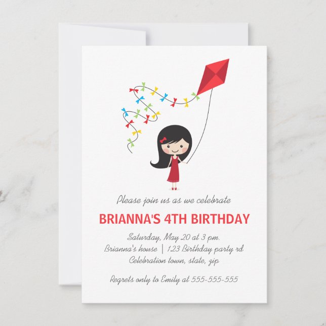 Girl with kite girls birthday party invitation (Front)