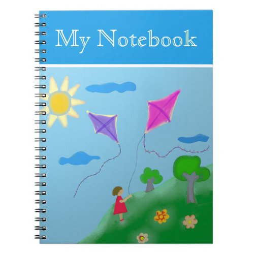 Girl with Kites Flowers Sun Drawing Notebook
