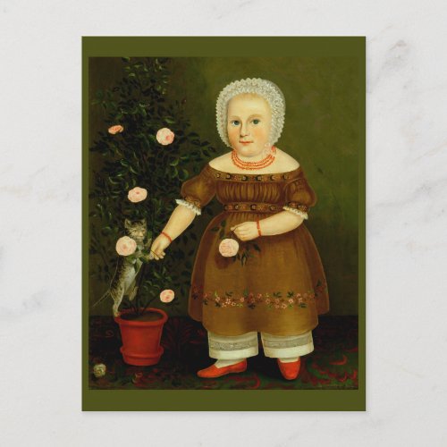 Girl with Kitten American Victorian Folk Art Roses Postcard