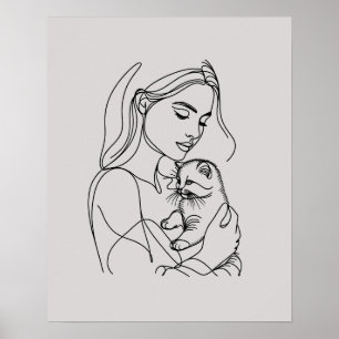 Girl with Kitten - Line Art  Poster
