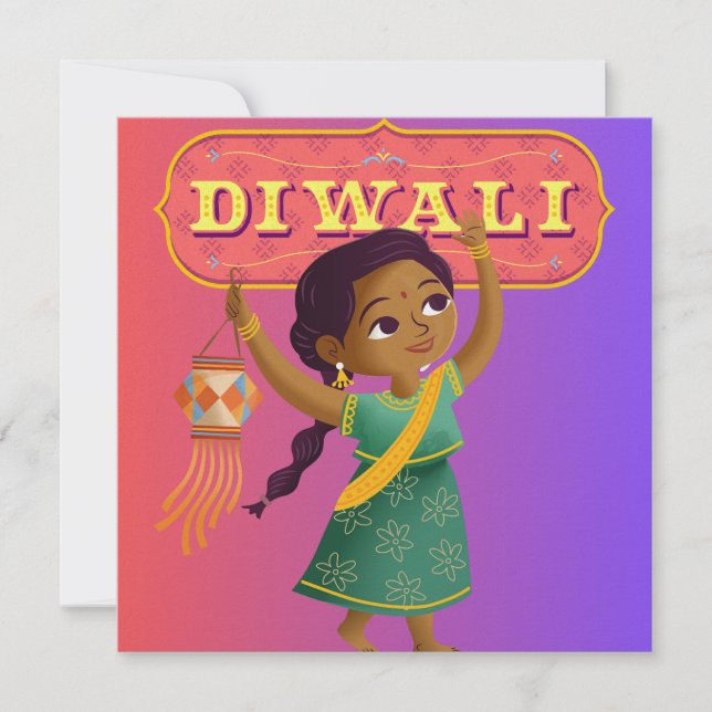 Girl With Lantern Diwali Card Colorful Customize  (Front)
