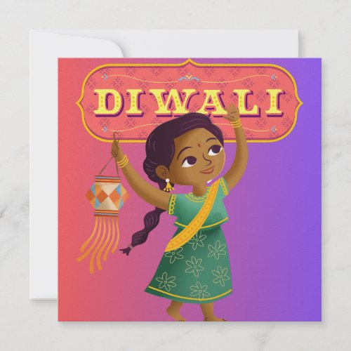 Girl With Lantern Diwali Card Colorful Customize 