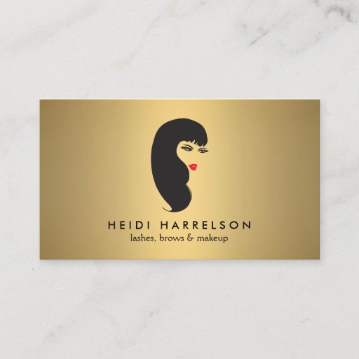 Customizable Girl with Lashes and Red Lips on Faux Gold Beauty Business Card