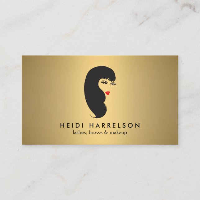 Girl with Lashes and Red Lips on Faux Gold Beauty Business Card (Front)