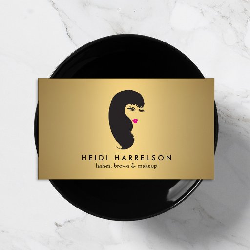 Customizable Girl with Lashes on Faux Gold Beauty Business Card