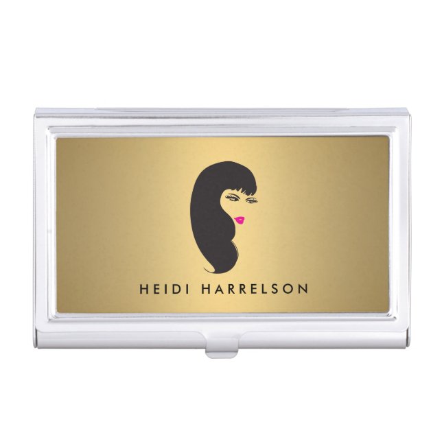 Girl with Lashes on Faux Gold Beauty Card Case (Front)