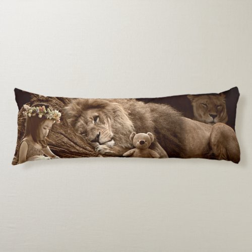 Girl with Lion and Teddy Bear Body Pillow