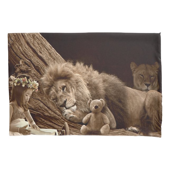 Girl with Lion and Teddy Bear Pillow Case (Front)