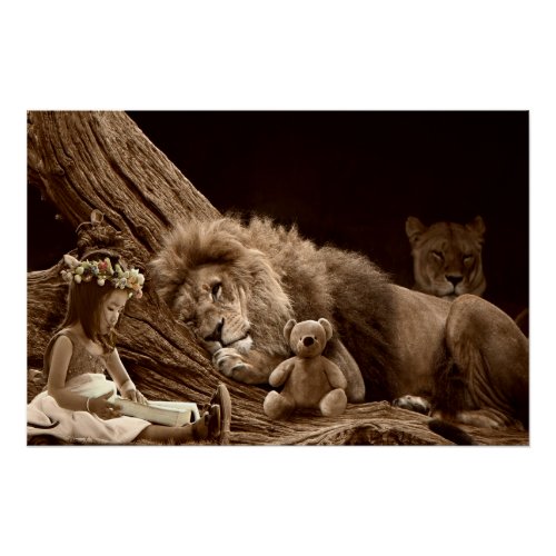 Girl with Lion and Teddy Bear Poster