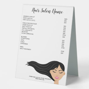Girl With Long Black Flowing Hair Hairdresser Menu Table Tent