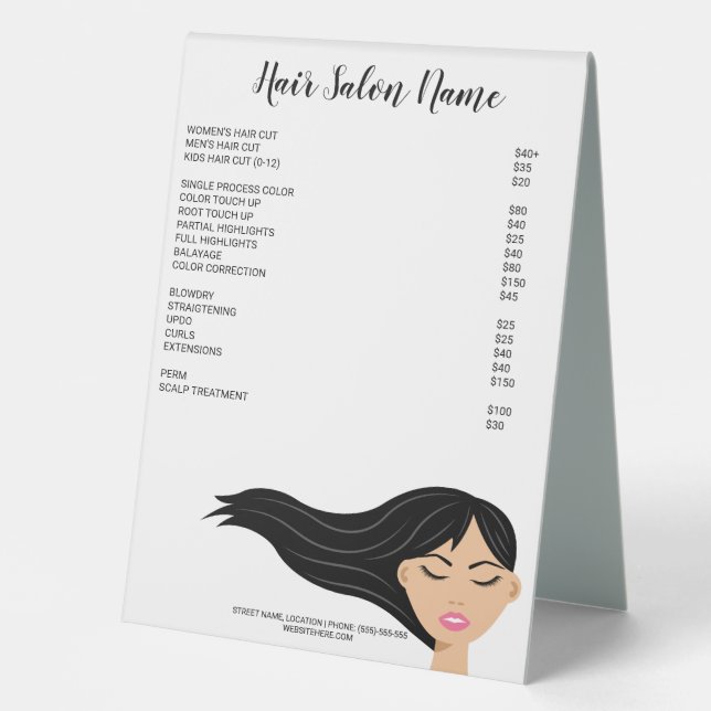 Girl With Long Black Flowing Hair Hairdresser Menu Table Tent (Front)