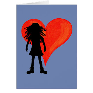 Girl with long curly hair and big heart cards