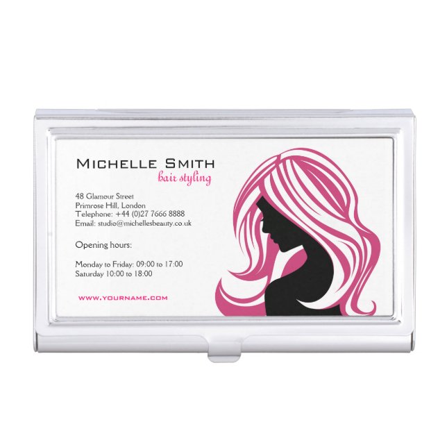 Girl with Long Pink Hair HairStyling Beauty Salon  Business Card Holder (Front)