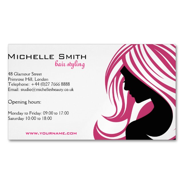 Girl with Long Pink Hair HairStyling Beauty Salon  Business Card Magnet (Front)