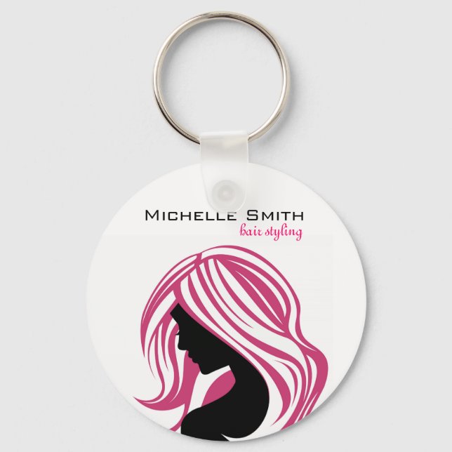 Girl with Long Pink Hair HairStyling Beauty Salon  Keychain (Front)
